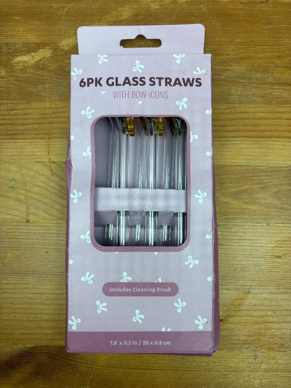 6-pack of reusable cute glass drinking straws withbow icons and a cleaning brush